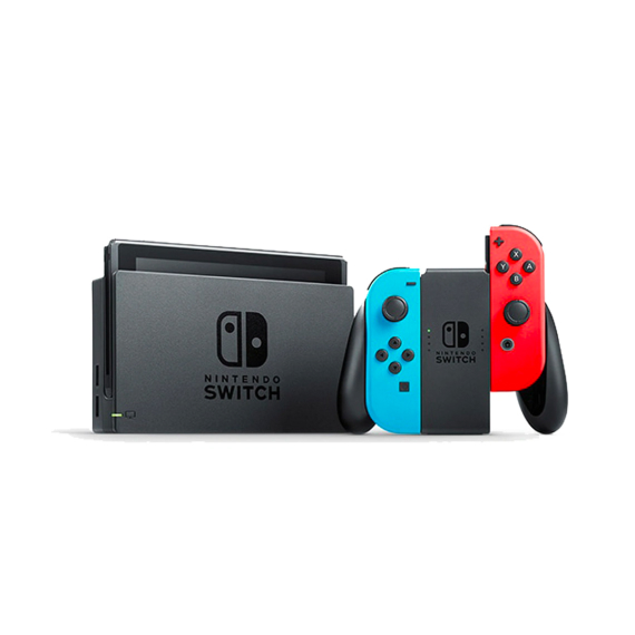 Consola Nintendo Switch com comandos Joy-Con azul e vermelho néon