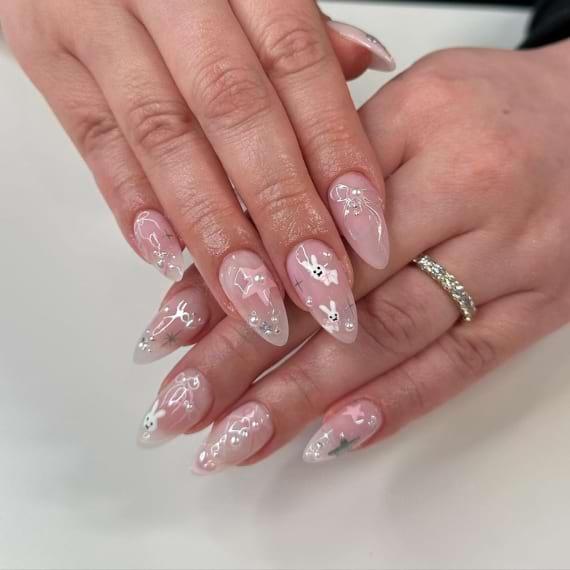 unhas de primavera coelhos laços rosa e branco