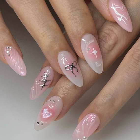 unhas coquette rosa com lacos